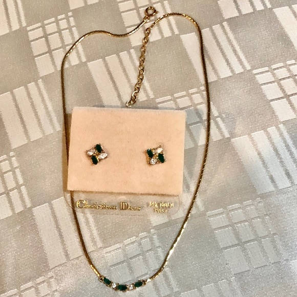 Christian Dior Emerald Green & Clear Chrystal Necklace & Pierced Earrings Set - Picture 1 of 8